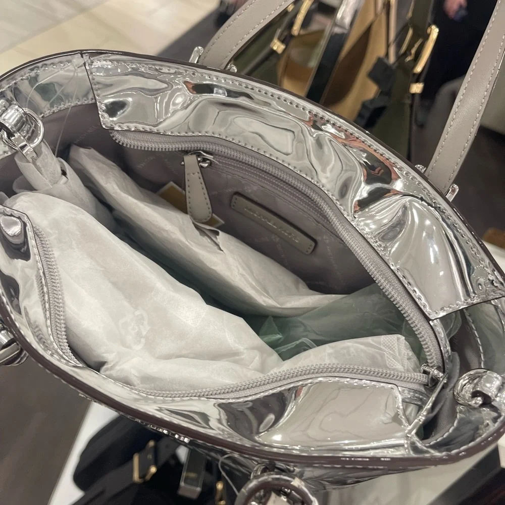 MICHAEL KORS Jet Set Extra-Small Patent Logo Debossed Convertible TZ Tote Silver